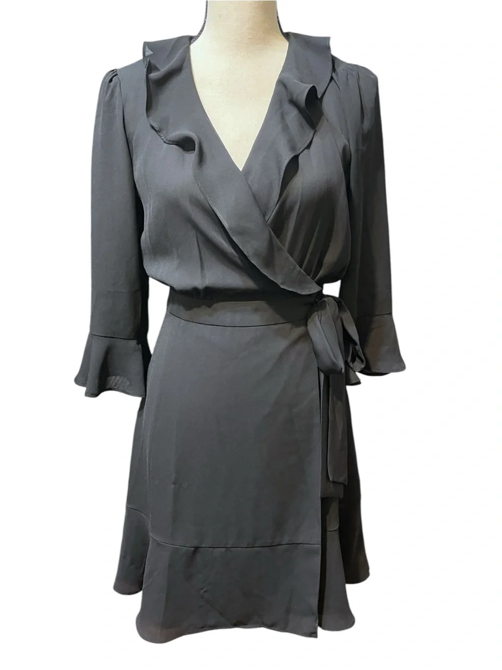 Marella Black Lightweight Ruffle Faux Wrap 3/4 Sleeve Mini Cocktail Dress Size 4